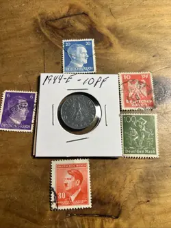 WW2 GERMAN NAZI 1944-E 10 PFENNIG NAZI COIN AND STAMPS SWASTIKA  M