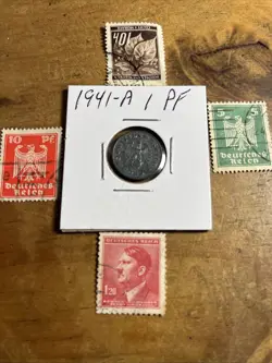 WW2 GERMAN NAZI 1941-A 1 PFENNIG NAZI COIN AND STAMPS SWASTIKA  M