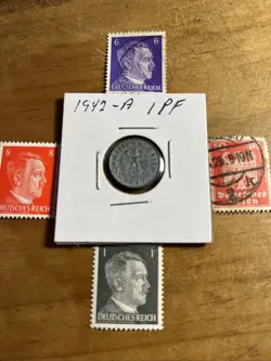 WW2 GERMAN NAZI 1942-A 1 PFENNIG NAZI COIN AND STAMPS SWASTIKA  M
