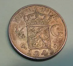 NETHERLANDS EAST INDIES SILVER COIN, .720, 1/4 GIL,  USA SF MINT, NICE WW2 COIN