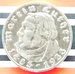 GERMAN 5 REICHSMARK 1933 G MARTIN LUTHER SILVER COIN 3RD REICH WW2 + RARE + MARK