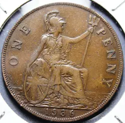 1936 UK (BRITISH) GEORGE V COIN - ONE PENNY WW2 COIN