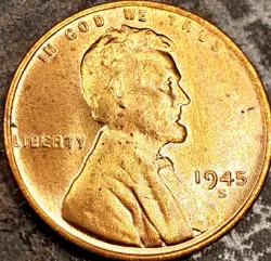 1945 S LINCOLN WHEAT CENT- RED GEM BU MS+ FROM OBW ROLL! CHOICE! WW2 COPPER!💯🔥