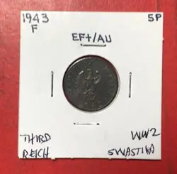1943FGERMANY THIRD REICH SWASTIKA WORLD WAR 2! 5 PFENNIG! SWASTIKA! OLD COIN!