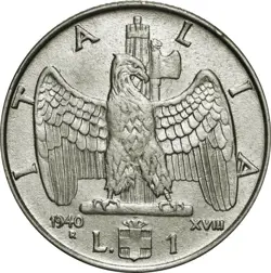 ITALY 1 LIRA VINTAGE COIN - WW2 ERA STAINLESS - MUSSOLINI FASCIST 1939 1940