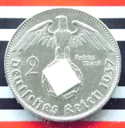 GERMAN 2 REICHSMARK 1937 J SWASTIKA HINDENBURG SILVER COIN 3RD WW2 MARK + RARE +