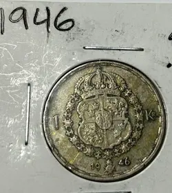 1946 SWEDEN KRONA XF GUSTAF V WORLD WAR 2. WORLD SILVER 40%  TYPE COIN