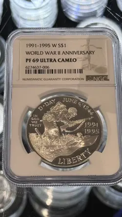 1991-1995 W S $1 WORLD WAR 2 ANNIVERSARY PF 69 ULTRA CAMEO LOC 12