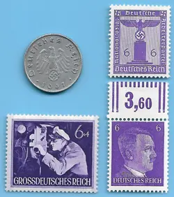 GERMANY WW2 1941 D 10 RPF SWASTIKA COIN & HITLER SWASTIKA STAMP LOT WW2 ERA  #34