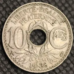1938 FRANCE FRENCH COIN LIBERTE EGALITE FRATERNITE 10 CMES   WW2 -   LOT #2105