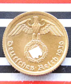 GERMAN COIN 1939 A 10 REICHSPFENNIG SWASTIKA BRASS 3RD REICH WW2 + UNC + PFENNIG