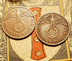 GERMANY 1938 A  1938 F   2  REICHSPFENNIG   COIN 3RD REICH WW2 PFENNIG RP