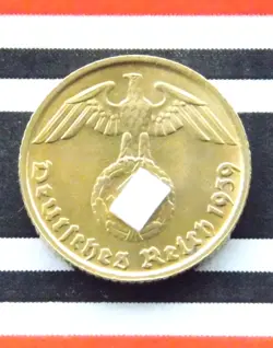 GERMAN COIN 1939 D 5 REICHSPFENNIG SWASTIKA BRASS 3RD REICH WW2 +UNC PFENNIG RPF