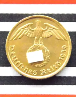 GERMAN COIN 1939 A 5 REICHSPFENNIG SWASTIKA BRASS 3RD REICH WW2 +UNC PFENNIG RPF