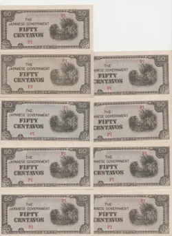 LOT OF 9 JAPANESE WW2 PHILIPPINES OCCUPATION 50 CENTAVOS 1942 WWII BANKNOTE BILL