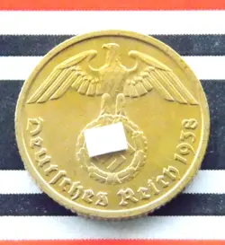 GERMAN COIN 10 REICHSPFENNIG 1938 J SWASTIKA BRASS 3RD REICH WW2 + UNC + PFENNIG