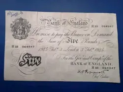 BANK OF ENGLAND KO PEPPIATT WW2  1945 WHITE £5 NOTE THICK NOTE WITH SECURITY FEA