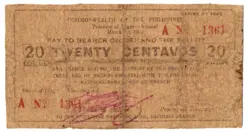 1942 PHILIPPINE PROVINCE OF NEGROS ORIENTAL 20 CENTAVO S653 WELL USED DURING WW2