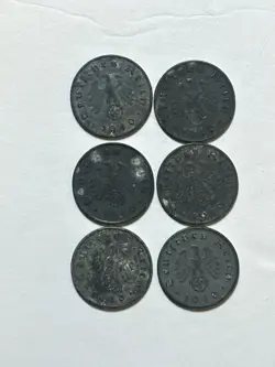 NAZI THIRD REICH GERMAN WW2 LOT OF 6 COINS 10 REICHSPFENNIG 1940 M-139