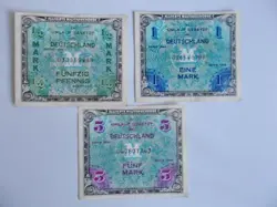 THREE WW2 ALLIED OCCUPATION BANK NOTE~SERIES 1944~GERMANY~5 MARK,1 MARK,1/2 MARK