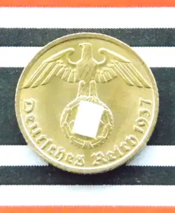 GERMAN COIN 1937 D 5 REICHSPFENNIG SWASTIKA BRASS 3RD REICH WW2 +UNC PFENNIG RPF