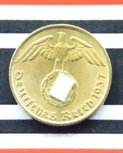 GERMAN COIN 1937 A 5 REICHSPFENNIG SWASTIKA BRASS 3RD REICH WW2 +UNC PFENNIG RPF