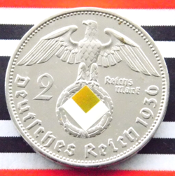 GERMAN 2 REICHSMARK 1936 E SWASTIKA HINDENBURG SILVER COIN 3RD WW2  RARE  MARK