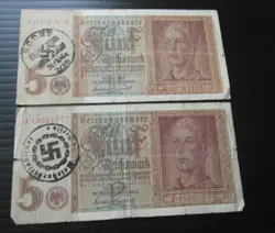 2 X GERMANY 5 REICHSMARK 1942  WWII HAND STAMPED ~139