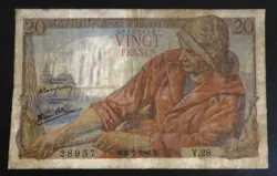 VINTAGE FRANCE 20 FRANCS 21.5.1942 - WW2 FRENCH STATE ERA -  PECHEUR BANKNOTE