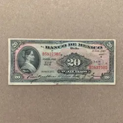 POST WW2 ERA 1945 MEXICAN 20 PESOS MEXICO CURRENCY PAPER MONEY AMERICAN BC