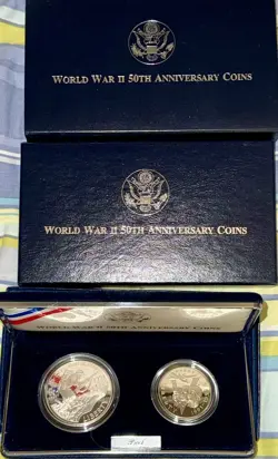 WW2 50TH ANNIVERSARY 2 COIN PROOF COMMEMORATIVE SET MINT BOX