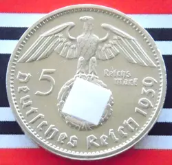 GERMAN 5 REICHSMARK 1939 G SWASTIKA HINDENBURG SILVER COIN 3RD WW2 MARK + RARE +