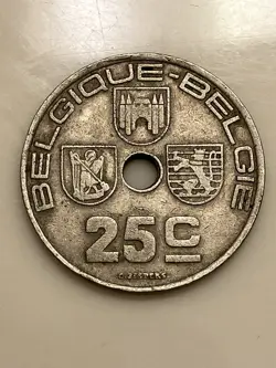 1939 BELGIUM 25 CENTIMES OLD ANTIQUE WW2 ERA EUROPEAN FOREIGN WORLD COIN
