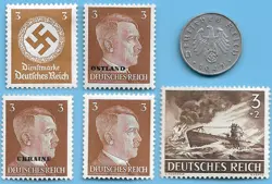 GERMANY WW2 1942 A 5 RPF SWASTIKA COIN & HITLER SWASTIKA STAMP LOT WW2 ERA #45