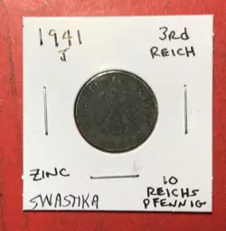 1941J GERMANY THIRD REICH SWASTIKA WORLD WAR 2! 10 PFENNIG! SWASTIKA! OLD COIN!