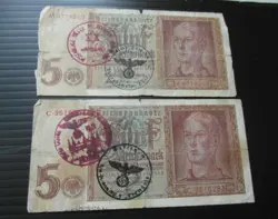 2 X GERMANY 5 REICHSMARK 1942  WWII HAND STAMPED ~131