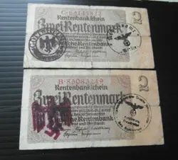 2 X GERMAN 2 RENTEN MARK OCCUPATION BANKNOTES WWII HAND STAMPED ~126