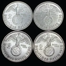 4 COIN LOT RARE THIRD REICH WW2 GERMAN 2 REICHSMARK HINDENBURG SILVER COINS