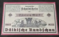 THIRD REICH NOTGELD VOLKISCHE RUNDSCHAU FUNFZIG MARK CURRENCY WW2 WWII GERMAN