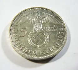 GERMANY 3RD REICH WW2 SILVER  1938 A 5 REICHSMARK  WITH SWASTIKA AU