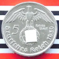 GERMAN COIN 5 REICHSMARK 1939 J SWASTIKA HINDENBURG SILVER 3RD REICH WW2 MARK BU