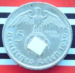 GERMAN 5 REICHSMARK 1939 E SWASTIKA HINDENBURG SILVER COIN 3RD WW2 MARK + RARE +