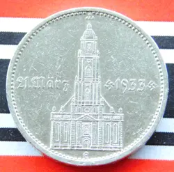 GERMAN COIN 5 MARK REICHSMARK 1934 E POTSDAM CHURCH SWASTIKA DATE SILVER 3RD WW2