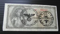 GREECE BANKNOTE 50 DRACHMA, GERMAN OCCUPATION WWII HAND STAMPED #96