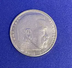 1938 B GERMAN 2 REICHSMARK COIN, WW2, VON HINDENBURG, SWASTIKA, SILVER