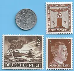 GERMANY WW2 1940 A 1 RPF SWASTIKA COIN & HITLER SWASTIKA STAMP LOT WW2 ERA #48