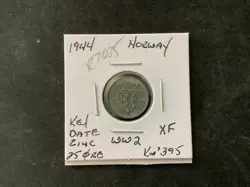 NORWAY 1944 ZINC 25 ORE WW2 (KEY DATE) XF NICE COIN.  R7035