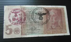 GERMAN 5 REICHMARK OCCUPATION BANKNOTE WWII HAND STAMPED ~130