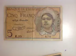 WORLD CURRENCY WW2 BANK NOTE 1944 TUNISIA (ALGERIA) 5 FRANCS P#15 VF FREE SHIP