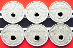GERMAN 6X 5 REICHSMARK 1936 A D E F G J SWASTIKA SILVER 3RD WW2 COIN COLLECTION